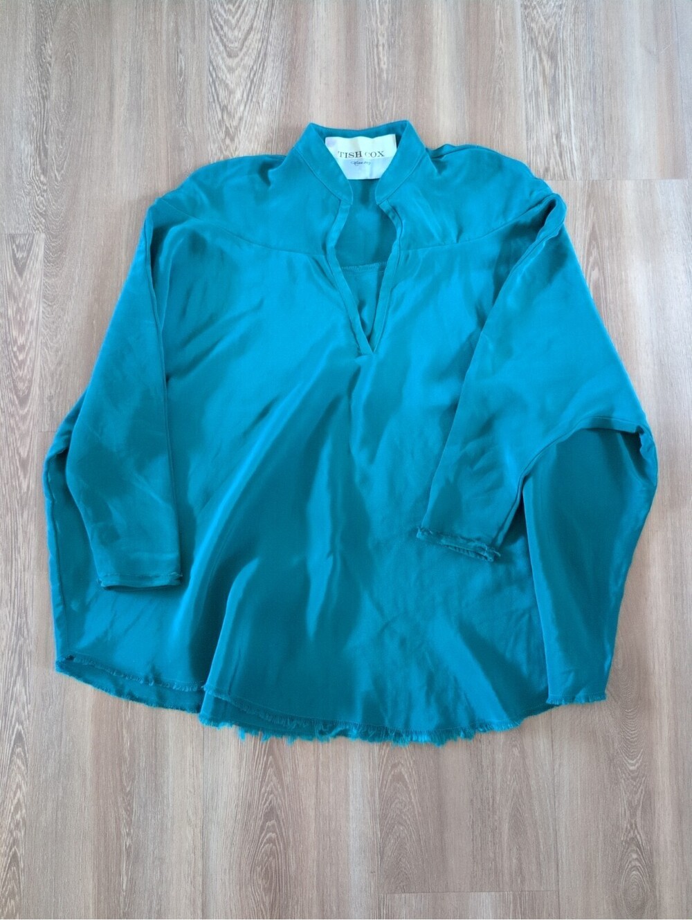 Tish Cox Teal Blue Oversized Dolman Sleeve Frayed Hem Silk Top XXS Lagenlook